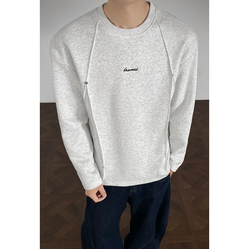2026 Fall New American Style Trendy Brand Plus Size Men's Clothing, Chinese Cotton Round Neck T-shirt with Deconstructed Rivet Design, Long Sleeve Tee