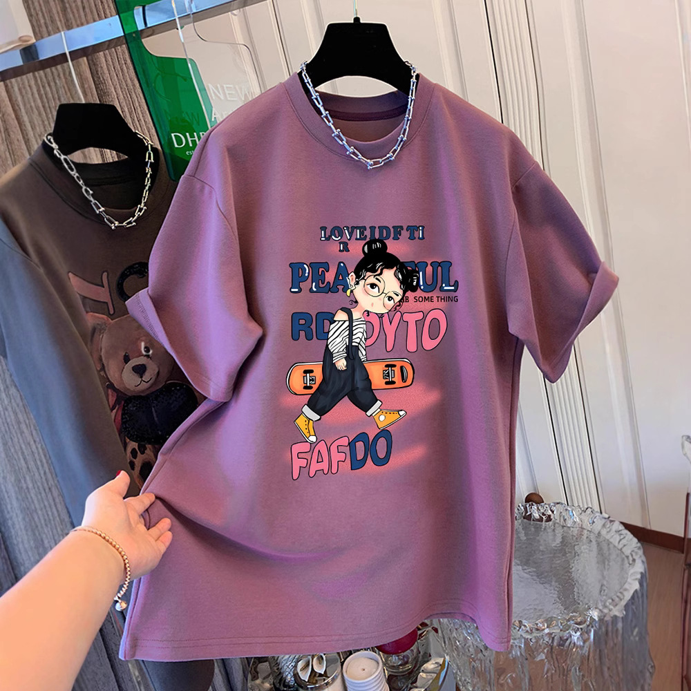 Plus Size Fat mm Pure Cotton Grape Purple Short-Sleeved T-Shirt Women's Summer European Style Large Version Foreign Style Loose Belly-Covering Slimming Look Top