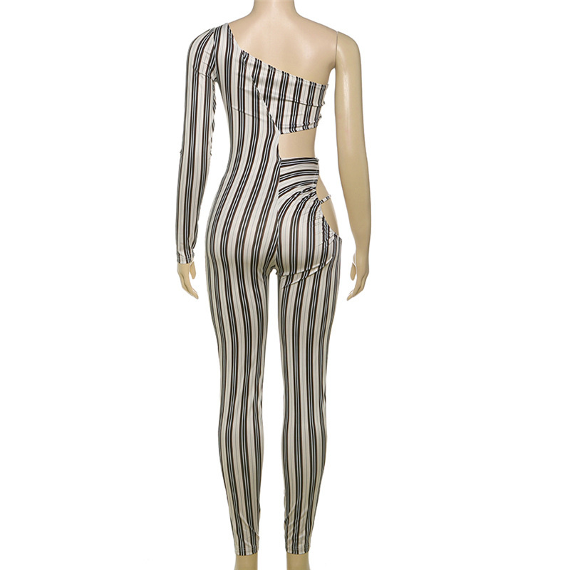 Winter Women Clothing Sexy Hollow Out Cutout Sexy Striped Tight One Piece Trousers
