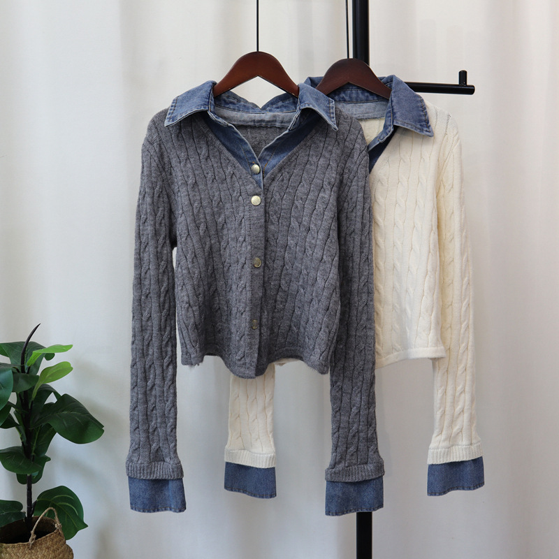 Women's Clothing Spliced denim two piece knitted cardigan autumn and winter new chic design temperament sweater jacket _voghion.com