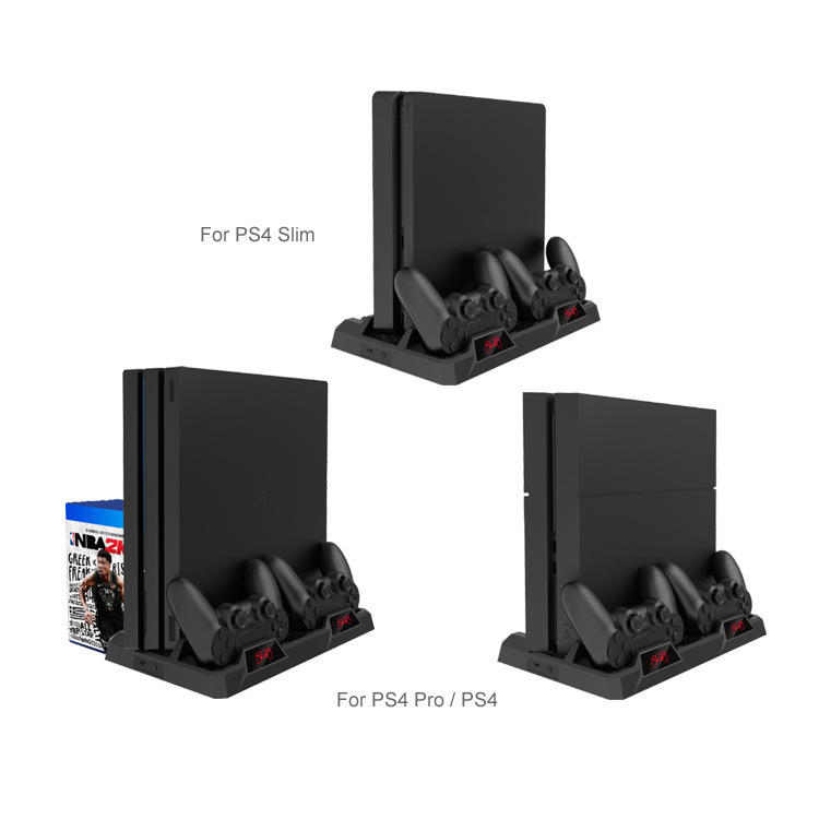 PS4 / SLIM / PRO Host Base de ventilador de disipación de calor multifuncional con soporte de almacenamiento de discos PS4 mango de carga doble asiento
