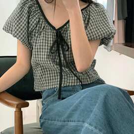 韩国ins 夏日新品甜美百搭格纹v领前系带侧拉链衬衫女上衣