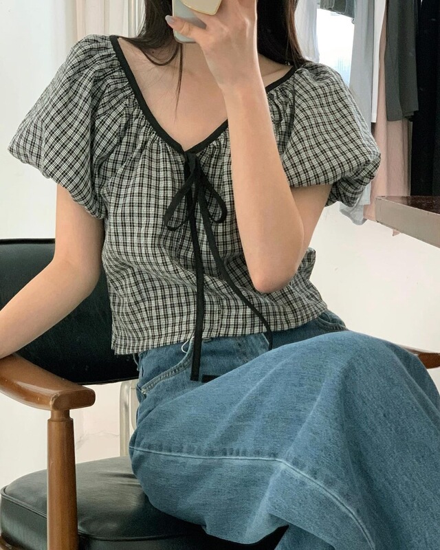 Korean Ins Summer New Sweet and Versatile Plaid V-Neck Front-Tie Side-Zip Shirt for Women