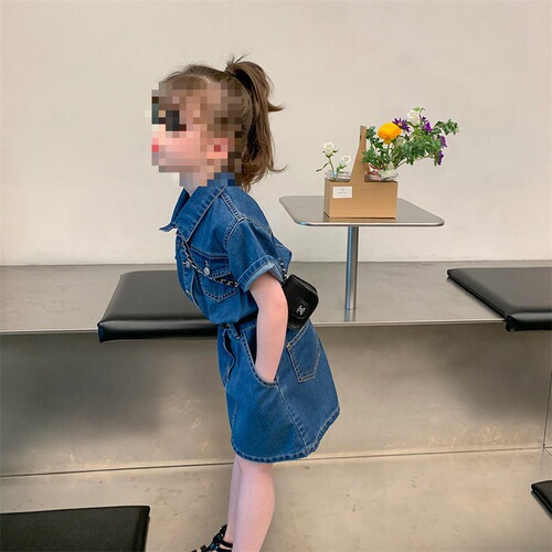 Girls' Skirt Double Pocket Collar Denim Dress Dress 24 Spring and Summer New Fashion Foreign Trade Children's Clothing Distribution 3-8 Years Old 