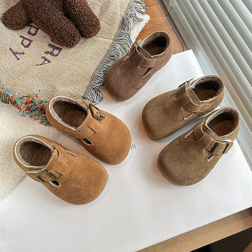 Baby Retro Boeken Shoes with Fleece Warmth Cotton Shoes Winter New Girls' Korean Version Double Cotton Leather Shoes Dou Dou Shoes