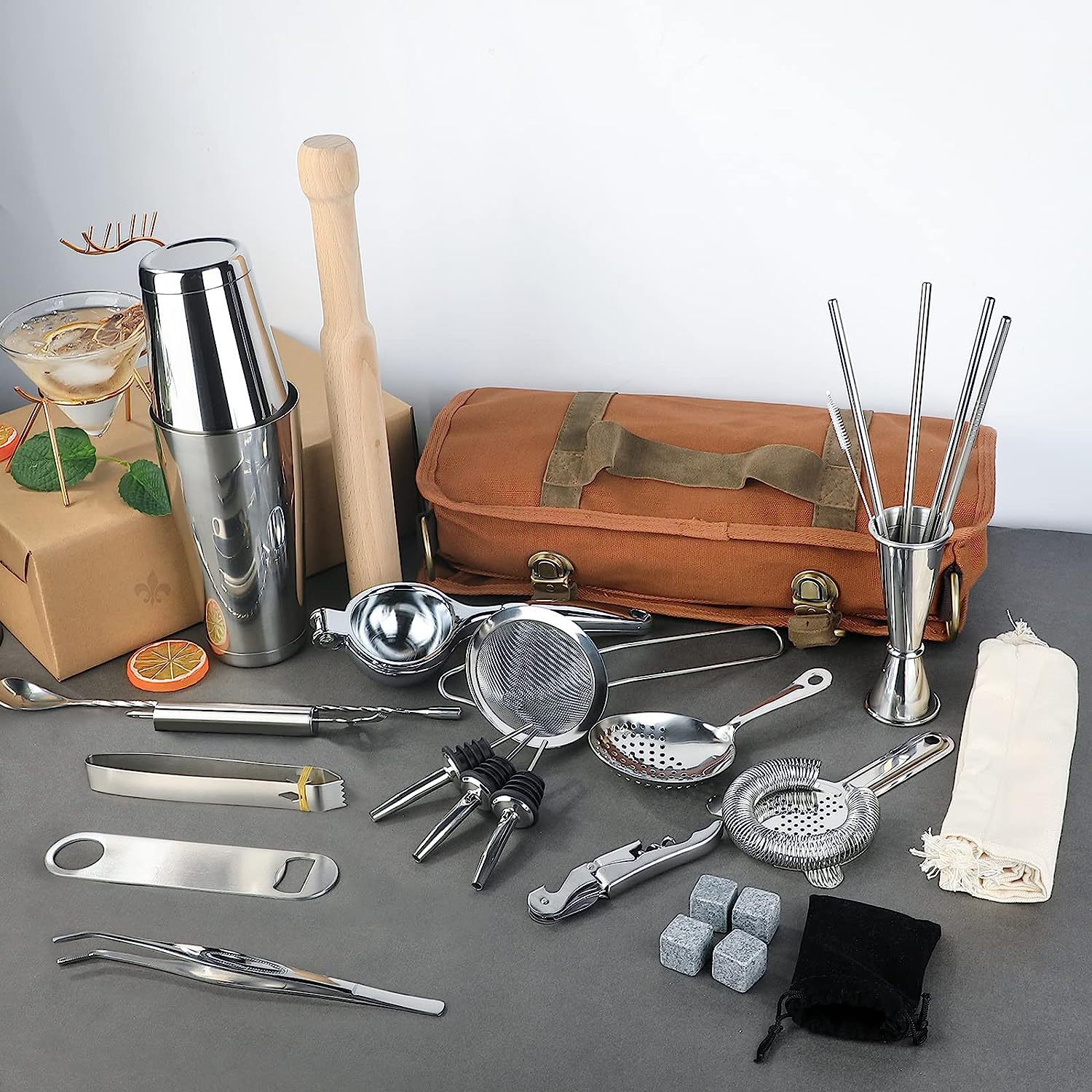 Cocktail Kit acampar al aire libre portátil lienzo Kit de un solo hombro bartender herramienta bolsa de almacenamiento de una sola pieza de entrega
