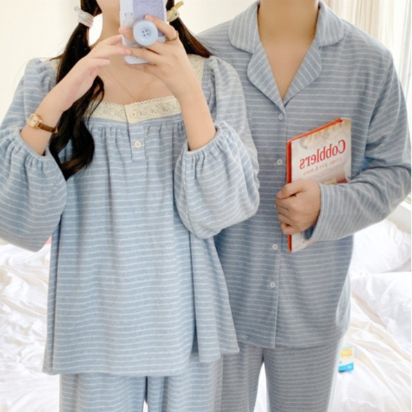 韩国ins秋季新款情侣睡衣韩版宽松条纹毛巾布长袖休闲家居服批发
