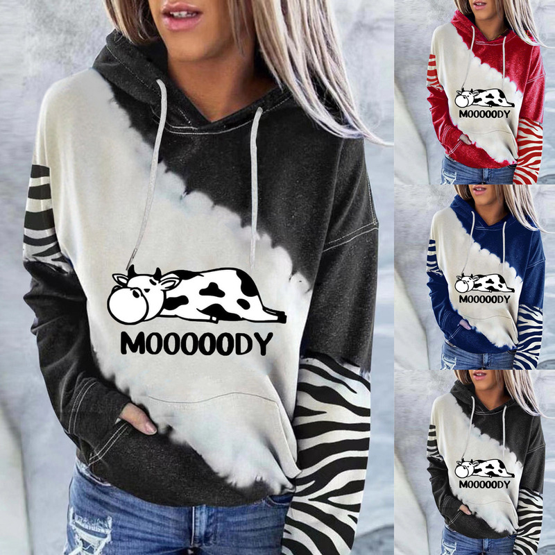 2023 Spring and Autumn new European and American Amazon cow pattern sweater printed hooded long sleeve fleece-lined pocket sweater 2023 Spring and Autumn new European and American Amazon cow pattern sweater printed hooded long sleeve fleece-lined pocket sweater