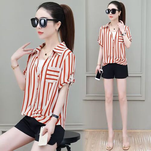 Striped chiffon blouse summer 2024 new fashion western temperament false two-piece top this year's popular age-reducing top trendy