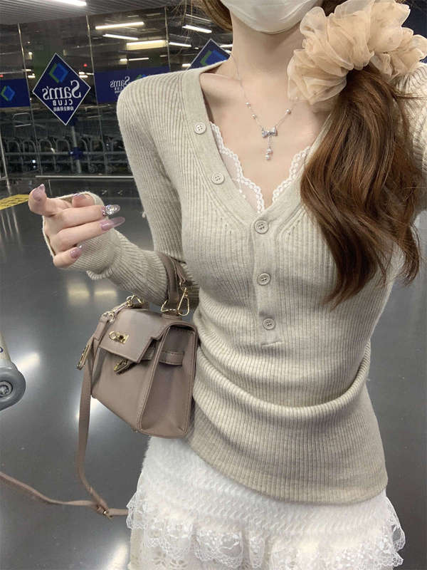 网红甜辣风深V纯欲针织衫上衣女秋季纽扣半开领紧身毛衣打底内搭|undefined