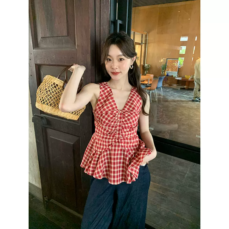 诠释美 NEWOPEN 25年夏红格背心女海边度假辣妹无袖外穿上衣S5285