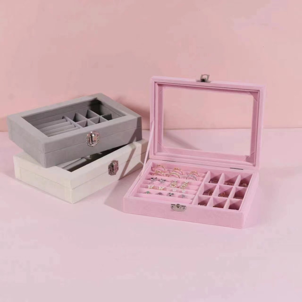 Caja de joyería de terciopelo, estuche organizador de joyas, caja de almacenamiento para collares, pendientes y anillos, caja de exhibición, venta al por mayor