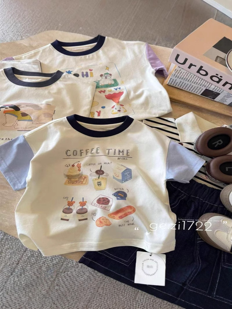 子供の新型の男女の子供の夏の漫画の色合わせの赤ちゃんの半袖の純綿の洋気のtシャツの半袖の子供の上着のT