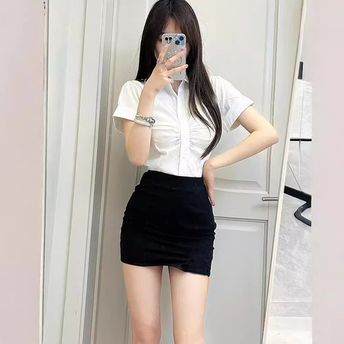 Large size professional women's skirt suit summer sexy pure slim shirt high waist slim hip short skirt two-piece set
