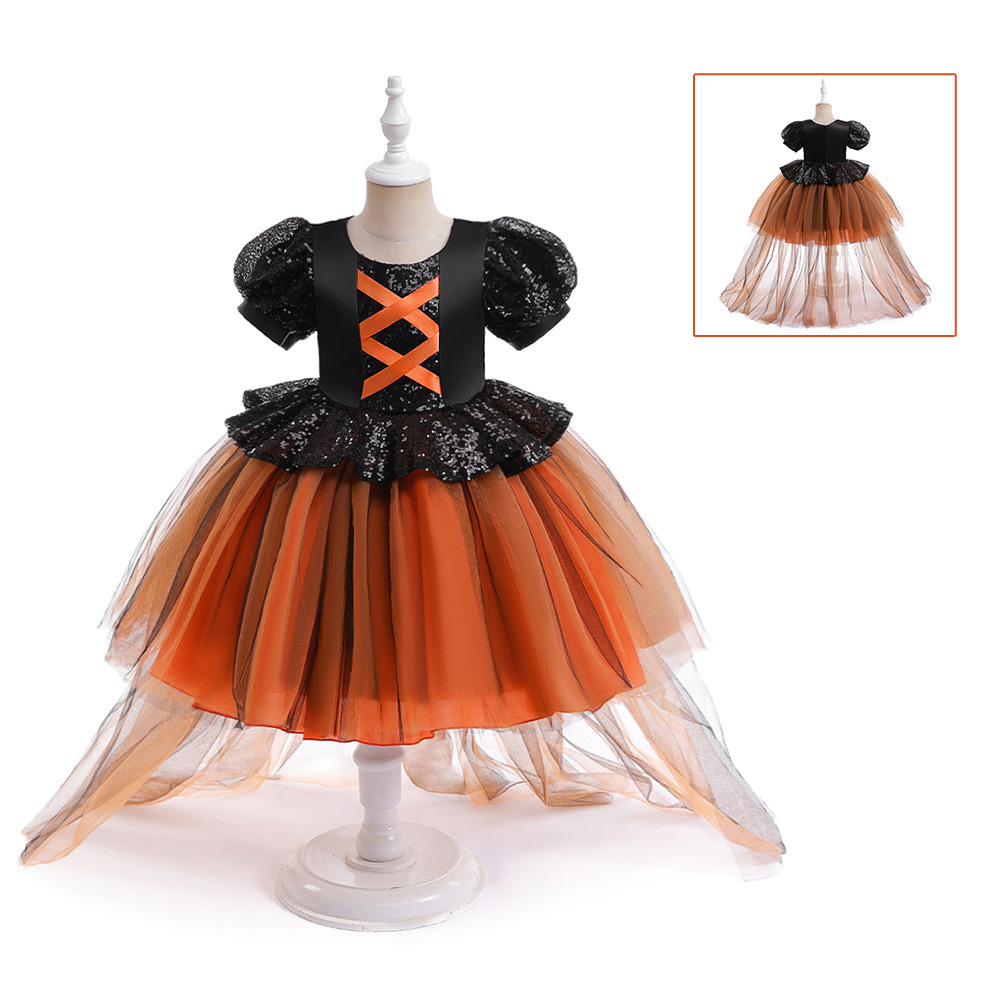 Europa y América nueva fiesta de Halloween Cosplay bruja vestido de los niños puff manga costura malla vestido de cola