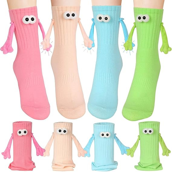 Hand-in-hand socks Magnetic suction mid-tube socks for men and women Cute Funny Smiling Face Color Internet Red Hand-in-hand socks