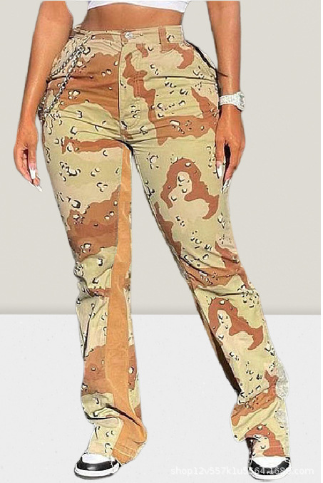 European and American Cross-Border Women's Clothing Amazon Aliexpress Women's Casual Pants Camouflage High-Waisted Flared Pants Urban Style