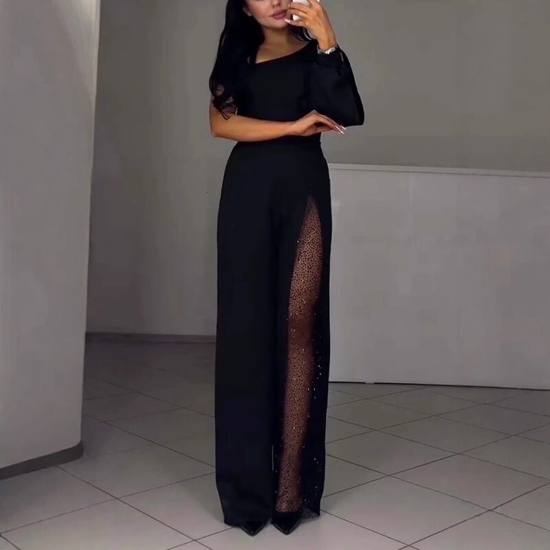 2024 Cross-Border Independent Station European and American Export New Style_Autumn and Winter Fashionable Sexy Slanted Shoulder High Slit Women's Jumpsuit