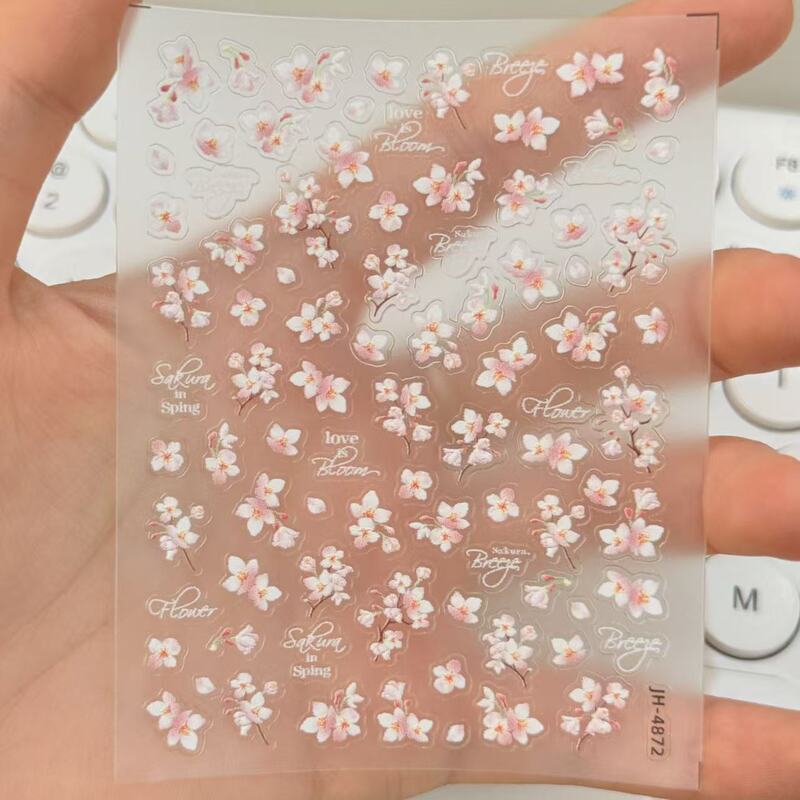 New Spring Cherry Blossom Pink Nail Stickers with 3D Embossed Decals, Girly Peach Blossom Spring Nail Stickers