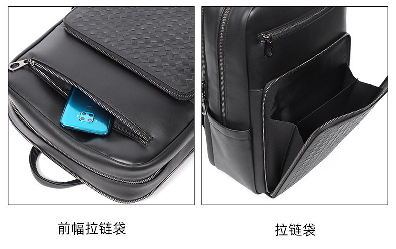 Ba lô nam da bò thật dệt đan, ngăn đựng laptop 15,6 inch, dung tích lớn — Màu đen chi tiết 11