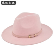 跨境復古爵士帽粉紅色皮帶毛呢禮帽牛仔帽復古仿羊毛呢帽平檐帽