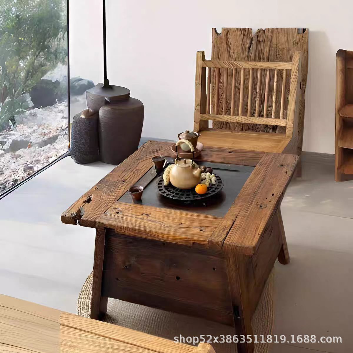 侘寂风老榆木围炉桌方形户外庭院烧烤火锅桌实木民宿煮茶桌茶台