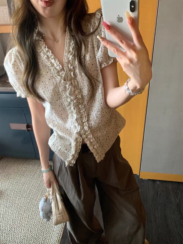 天丝漏肩短袖缎面斜肩上衣女荷叶边夏季慵懒衬衫|undefined