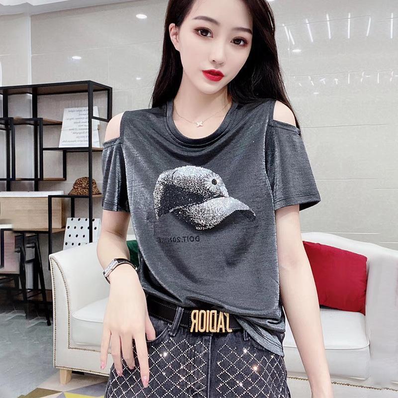 European Fashion Women's Clothing 2026 Summer New Rhinestone Hat Off-Shoulder Solid Color T-Shirt Round Neck Versatile Stylish Top