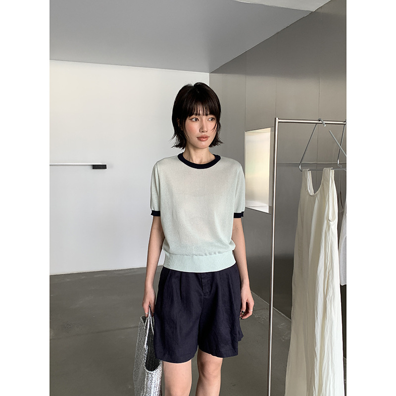 Mmc Dition Short-Sleeved Knitwear Women's Summer New Thin Ice Silk High-End Slim Versatile Contrast Top Mmc Dition Short-Sleeved Knitwear Women's Summer New Thin Ice Silk High-End Slim Versatile Contrast Top
