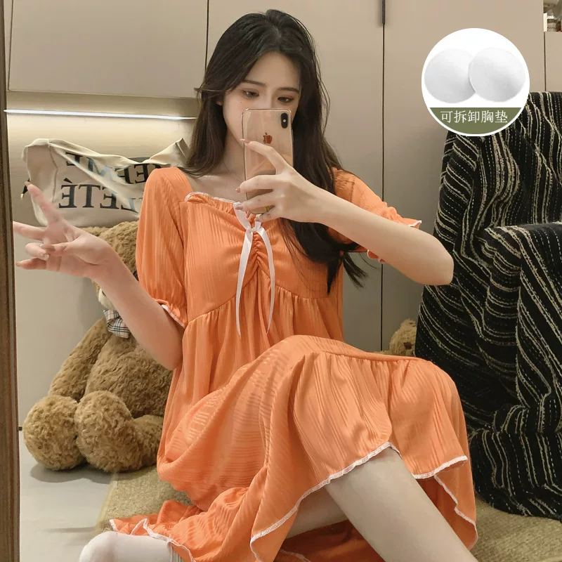 Summer new style dopamine solid color milk silk pit strip chest pad pleated knee-length comfortable home long skirt that can be worn outside