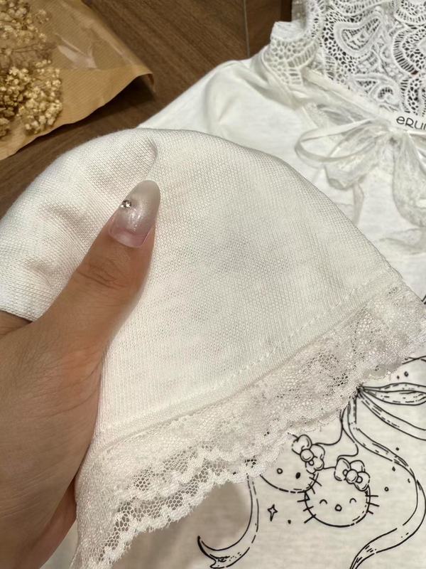 韩代款erum蕾丝连帽樱桃KT猫印花长袖t恤女秋季宽松减龄防晒上衣|undefined