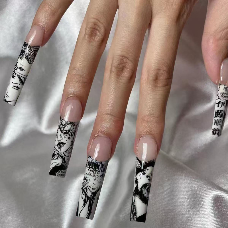 European and American Wearable Fake Nails Japanese Style Two-Dimensional Supernatural Comics Horror Black and White Punk Style Wearable Nail Patches European and American Wearable Fake Nails Japanese Style Two-Dimensional Supernatural Comics Horror Black and White Punk Style Wearable Nail Patches
