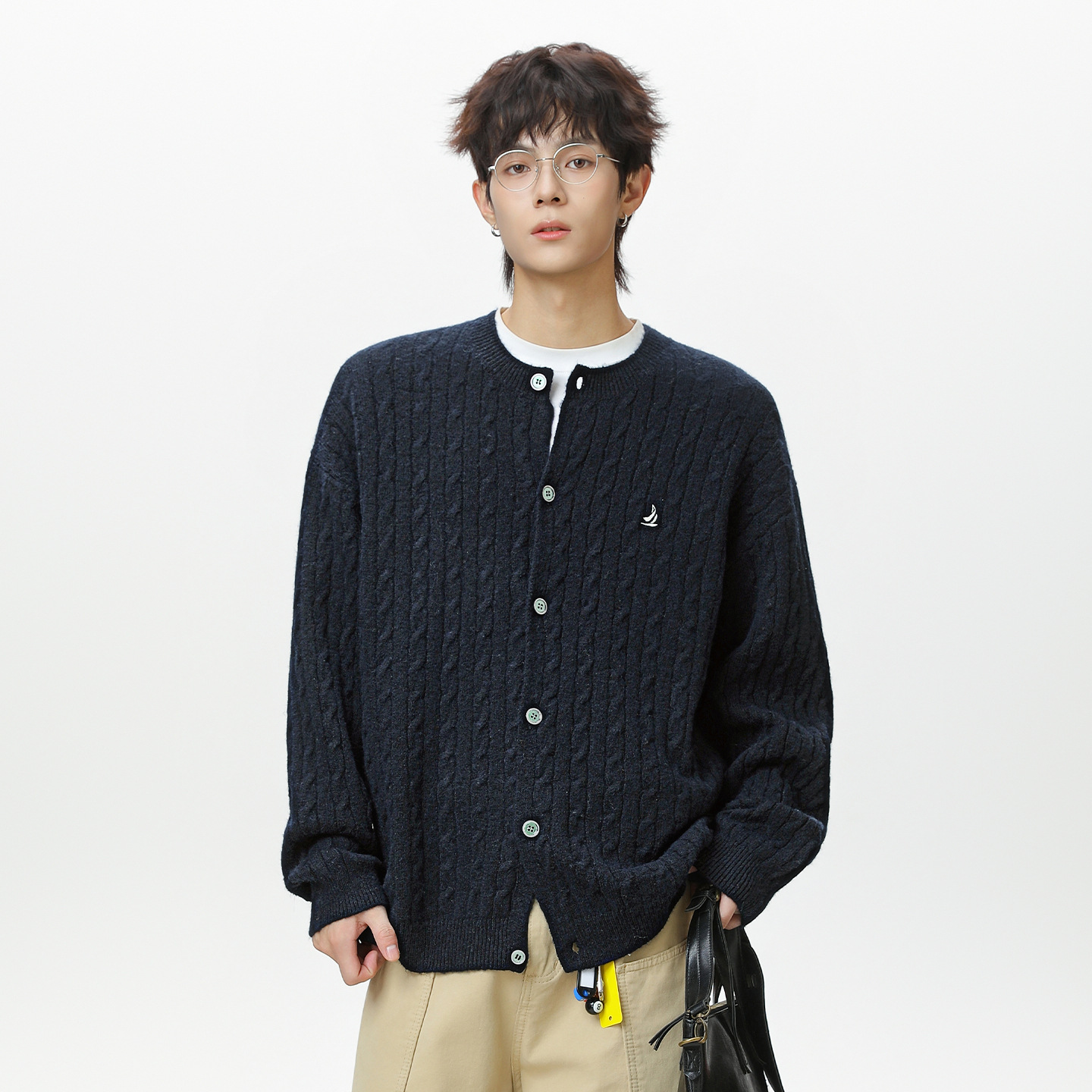 Crew Neck Cable Knit Cardigan Sweater for Men, Autumn and Winter New Style, Loose and Soft Texture Knitwear, Trendy Brand Sweater Jacket