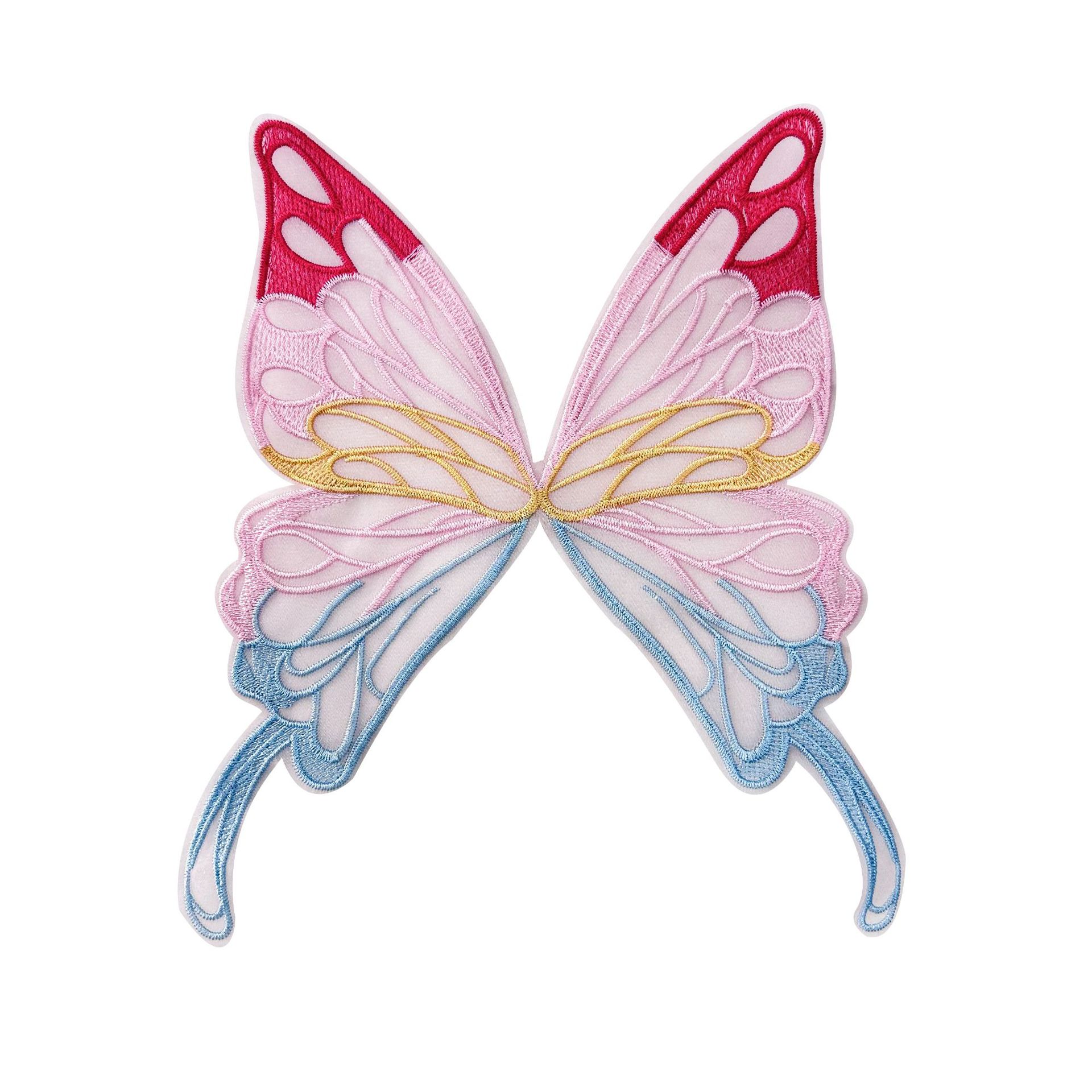 En stock, bordado de organza, colorida mariposa de perlas tridimensional, horquilla no adhesiva, accesorio para el cabello para ropa infantil, decoración de parches de tela