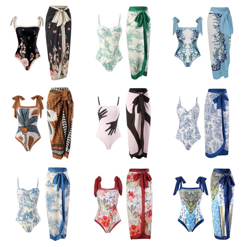 2025 European and American conjoined conservative belly-covered beach hot spring swimsuit three-piece French retro conjoined bikini