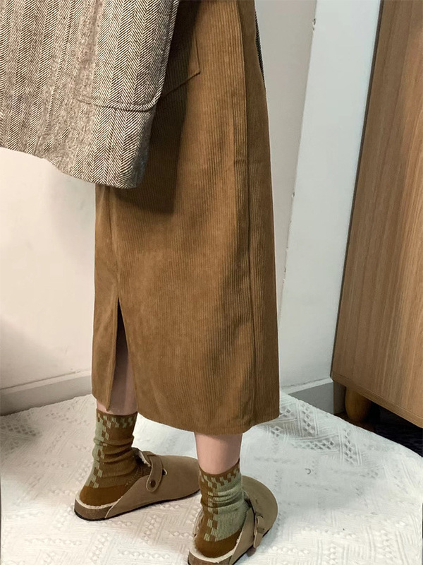 Maillard Brown Corduroy Skirt Women's Autumn and Winter Petite Chenille Corduroy Slit Straight-Leg Long Skirt