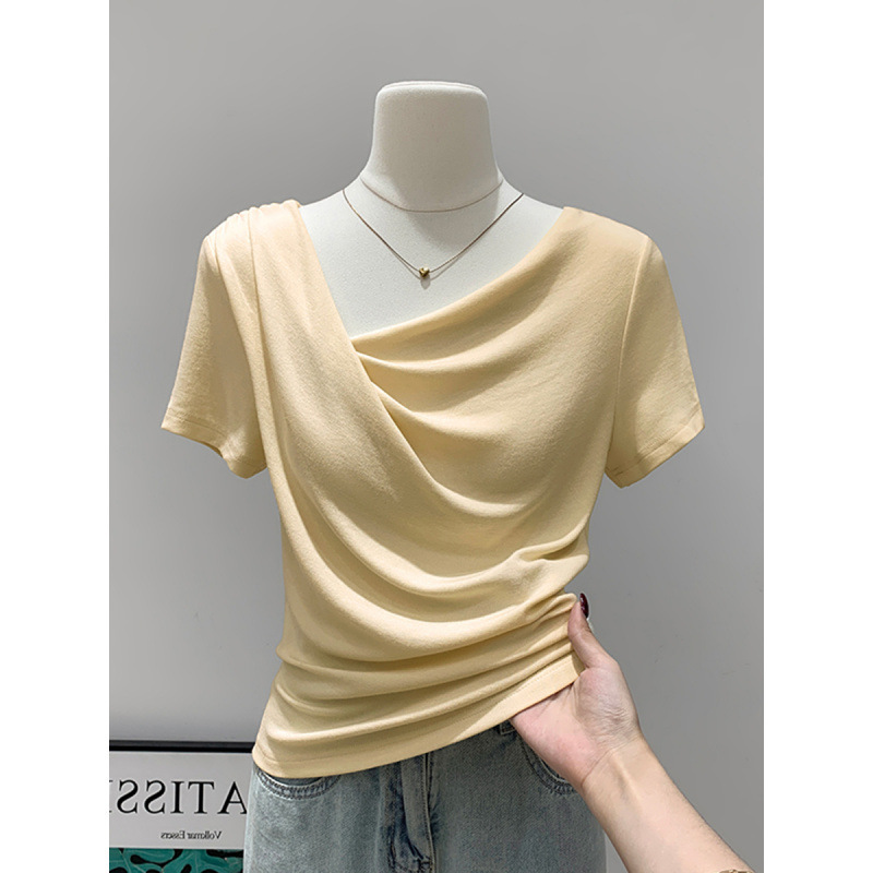 260g Modal Swing Collar Off-Shoulder Short Sleeve T-Shirt Women's 2025 Summer Irregular Slim Sexy Hot Girl Waist Top