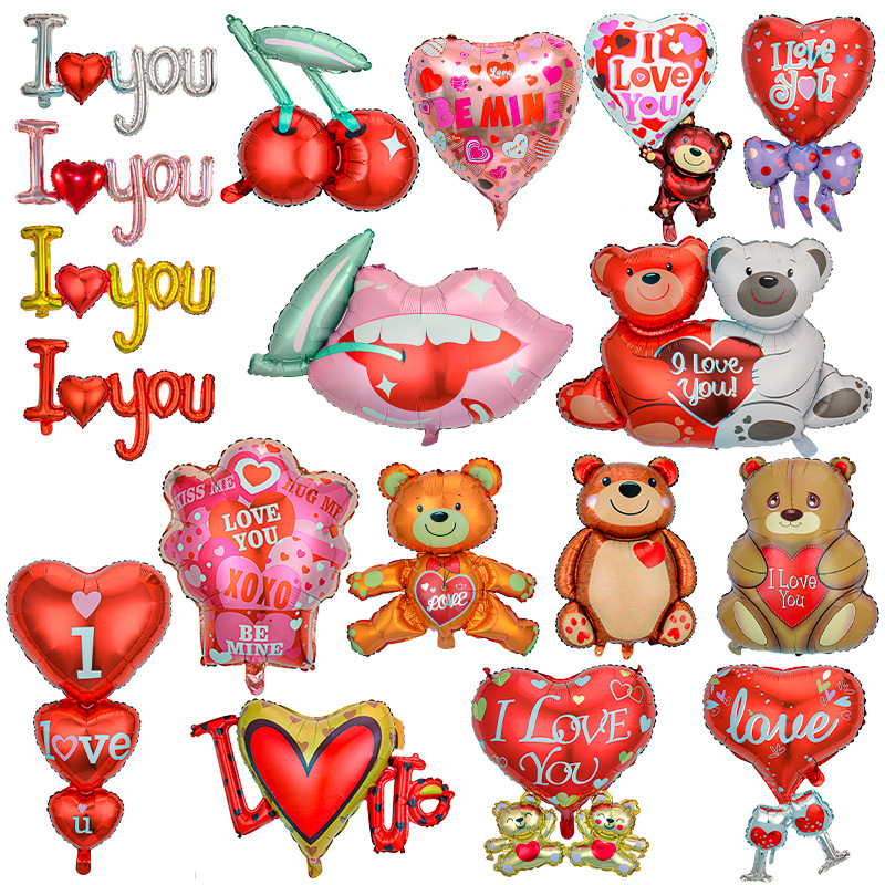 Decoración de San Valentín de Amazon, globo en forma de corazón, oso de dibujos animados, corazón de amor unido, globo de San Valentín, globo de aluminio