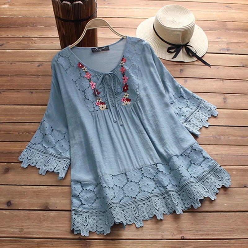 Elegante Damenbluse Mit V-ausschnitt Aus Baumwoll-leinen-mix_voghion.com