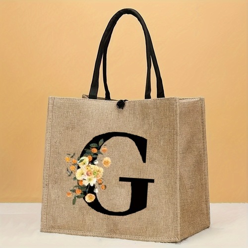 Large-capacity, trendy letter-printed tote bag—durable jute pouch, casual handbag perfect for students, commuters, and shopping trips.
