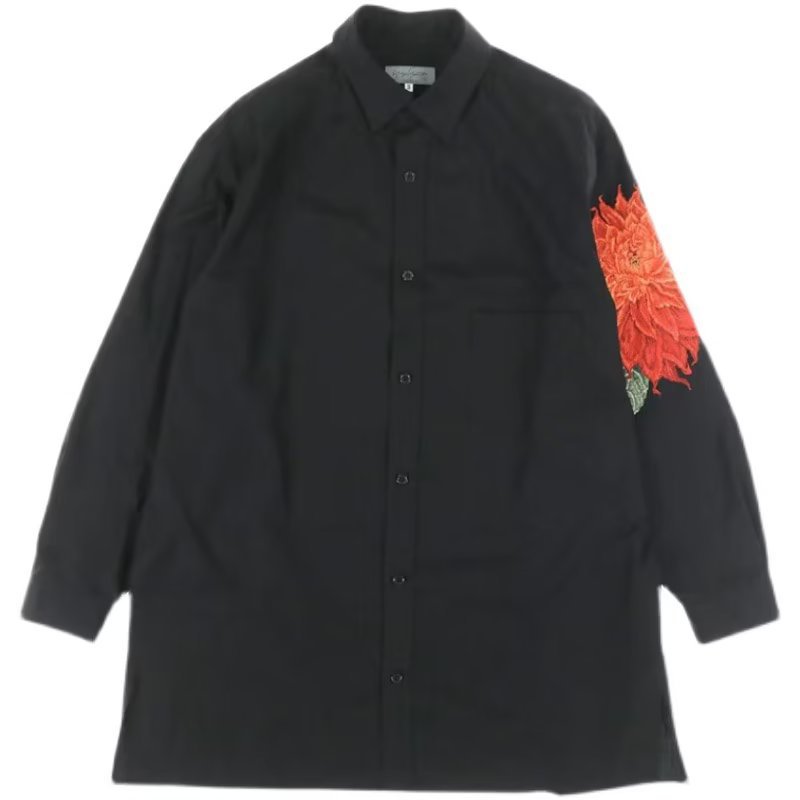 Yamamoto yaosi red dalihua camisa bordada floral Yohji oscuro hombres y mujeres de la misma camisa suelta de manga larga