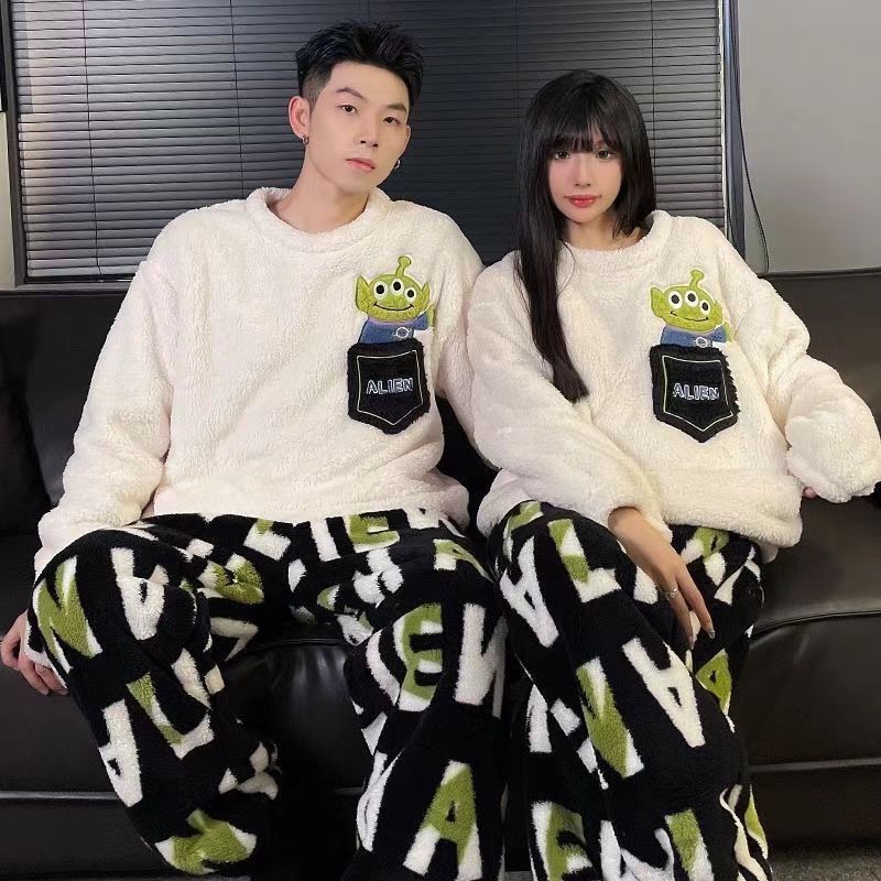 커플의 가을과 겨울 산호 양털 파자마 여성의 겨울 두꺼운 기모 플란넬 2024 새로운 남자 홈 옷