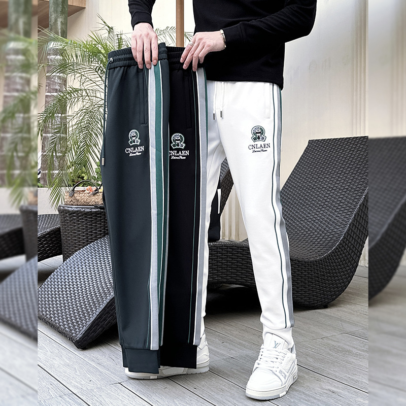 欧洲站潮男时尚秋冬织带拼接男帅气束脚裤男高品质百搭刺绣休闲裤