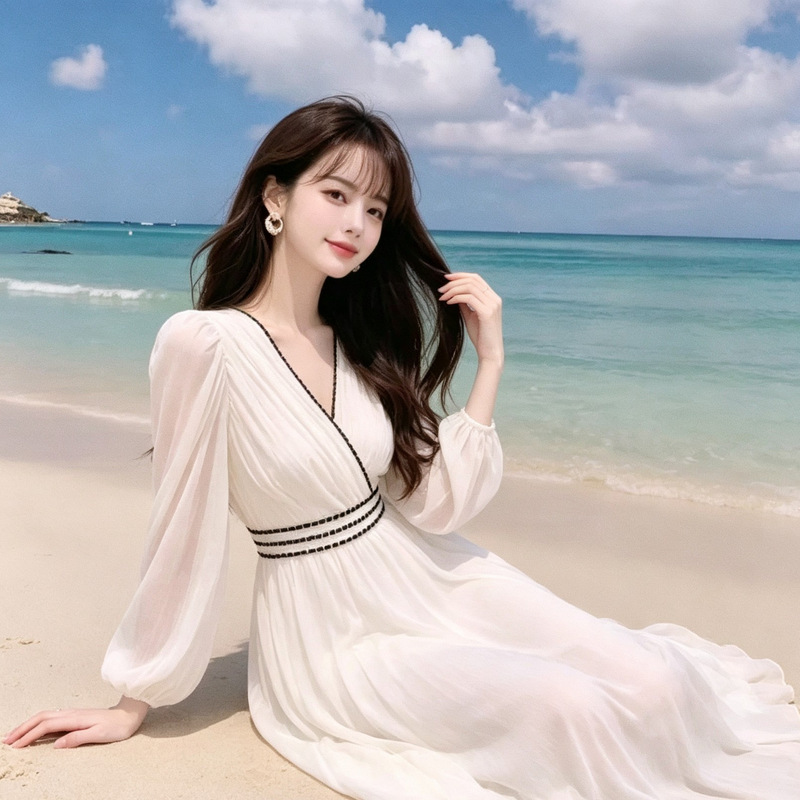 Vacation-style French waist-cinching white long-sleeve chiffon dress, 2026 early spring new collection, ultra-feminine and elegant long dress Vacation-style French waist-cinching white long-sleeve chiffon dress, 2026 early spring new collection, ultra-feminine and elegant long dress