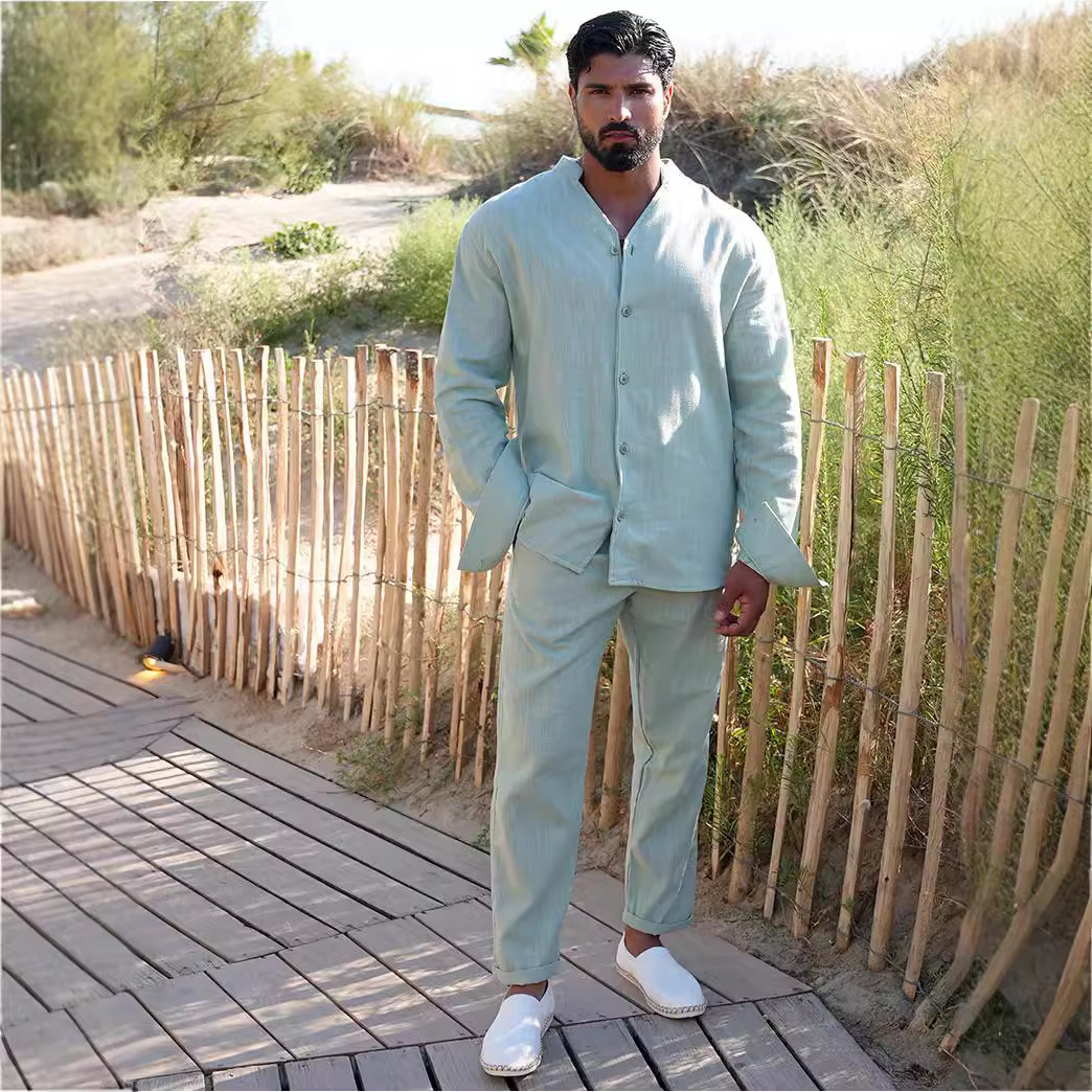 Cross-border European and American Sports suit Men's Linen Autumn Casual suit Long-sleeved Fashion Workwear Trousers Foreign Trade Two-piece Set