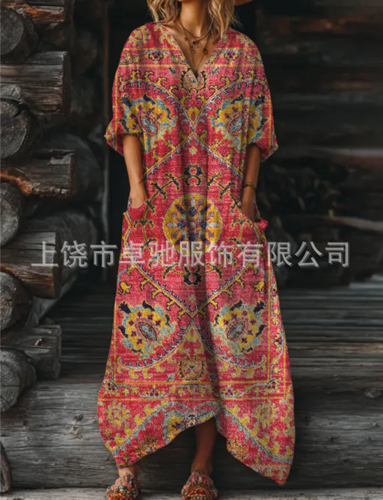 2025新款独立站女式复古花卉艺术图案印花口袋V领口袋连衣裙|undefined