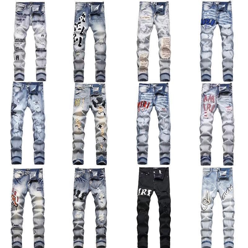 Am Cross-Border Export Style Punk Retro Blue Ripped Slim Stretch Printed and Dyed Men's Skinny Jeans Trendy