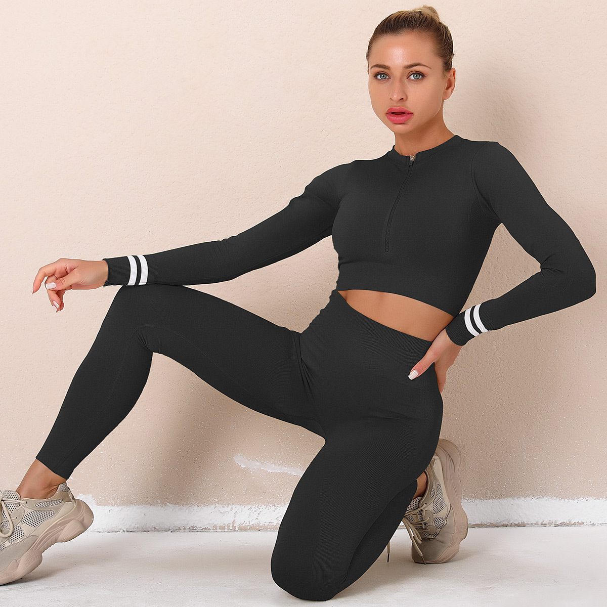 sexy long-sleeved zipper breathable tight-fitting yoga top & legging set NSNS52500