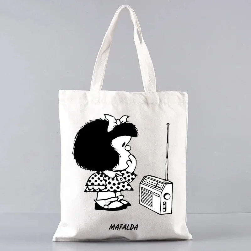 可爱 Mafalda 图案包包女童帆布时尚环保大容量旅行门单肩手提包