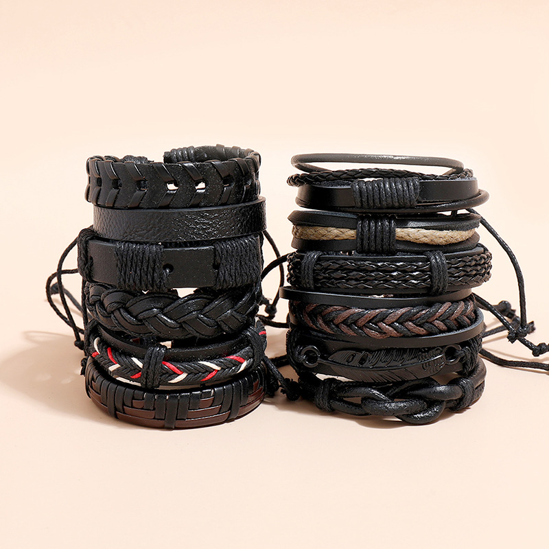 retro braided leather black bracelet 12-piece combination